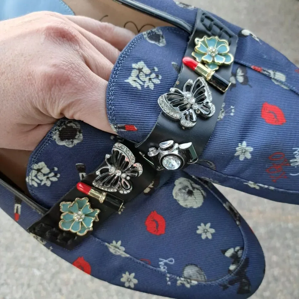 Libby Edelman Size 9.5 Denim Blue Mules Slip On Butterfly Lipstick Floral Shoes